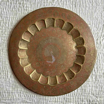 Vintage-Style Hand-Etched Brass Plate for Wall Decor | Floral & Peacock Design