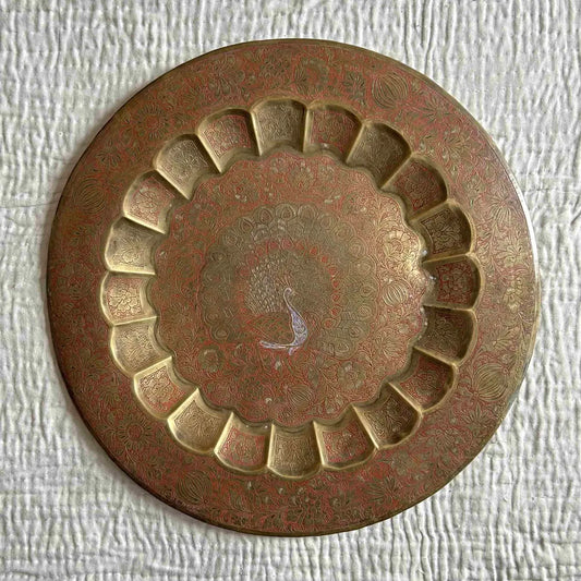 Vintage-Style Hand-Etched Brass Plate for Wall Decor | Floral & Peacock Design