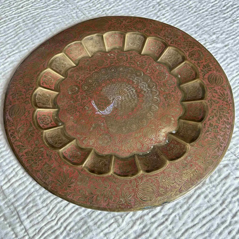 vintage-style hand-etched brass plate for wall decor | floral & peacock design