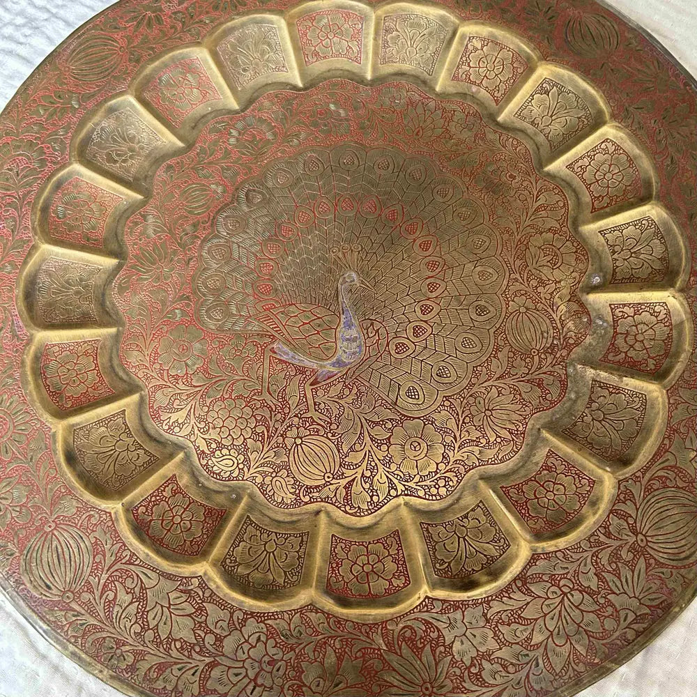 vintage-style hand-etched brass plate for wall decor | floral & peacock design