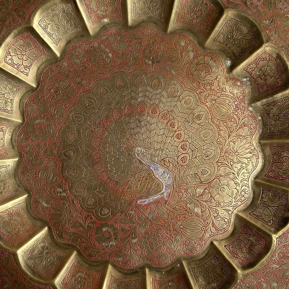 vintage-style hand-etched brass plate for wall decor | floral & peacock design